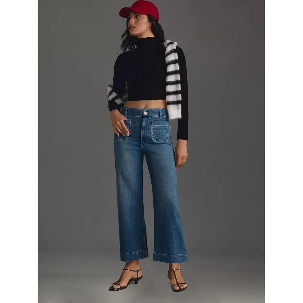 Women’s Wide Leg High Waisted Denim Jeans Stretchy Baggy Ankle Casual